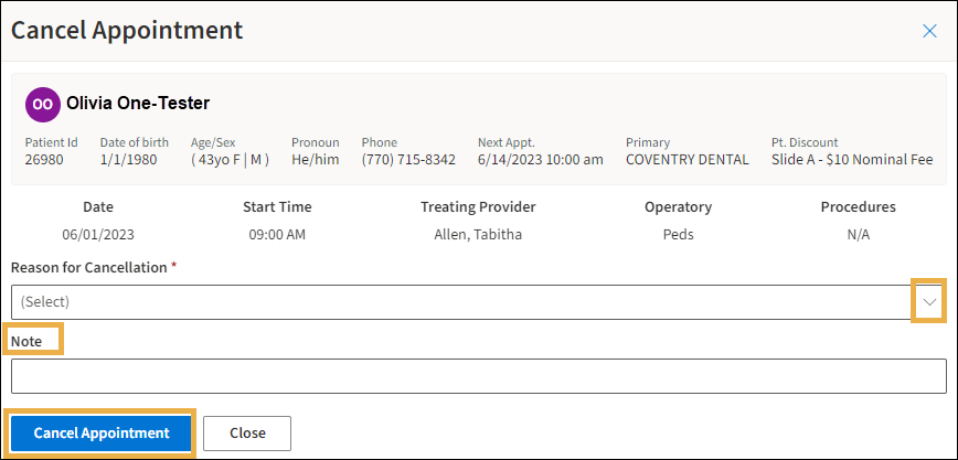 Cancel appointment window with yellow highlight box around the drop-down arrow, Note, and Cancel Appointment button.